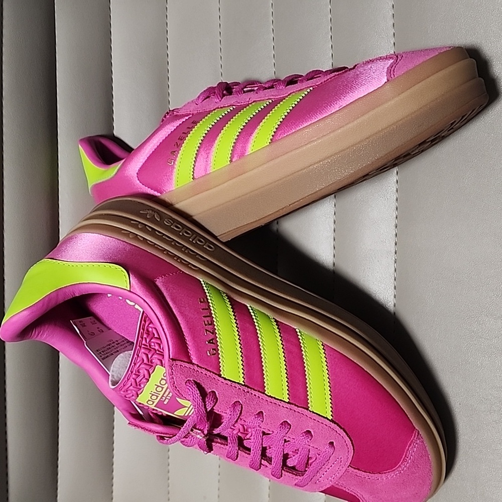ADIDAS GAZELLE Bold Platform Sneakers W 10 11 RARE Pink Green Satin Trainers Gum - Picture 13 of 16